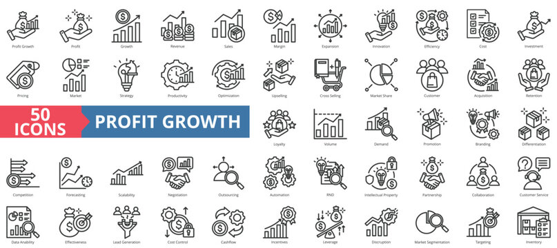 Profit growth icon collection set. Containing revenue, sales, margin, expansion, innovation, efficiency, cost icon. Simple line vector.