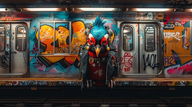 Penguin with a punk look in a leather jacket and vibrant hair on a subway train, graffiti street art