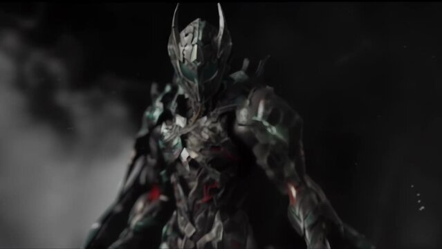 Warrior clad in obsidian armor stands amidst the darkness, the intricate detailing of the suit emanating an eerie aura from the horned helmet. 