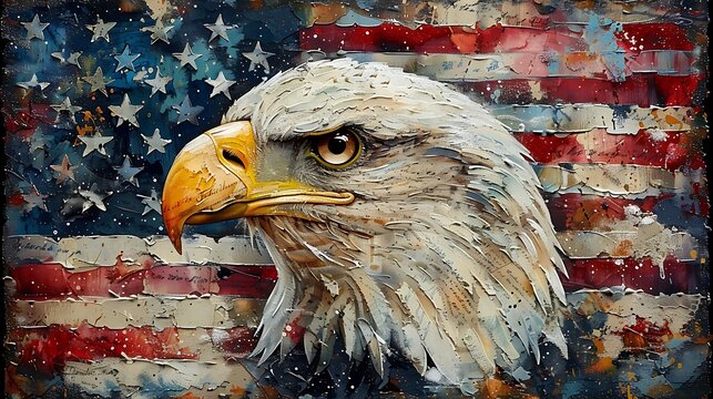 A powerful image of a bald eagle clutching the Constitution on a parchment scroll, with the American flag as a vibrant backdrop.