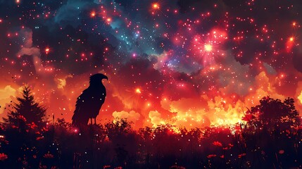 A spectacular Independence Day banner featuring a bald eagle silhouette against a night sky bursting with colorful fireworks.