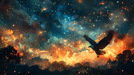 A spectacular Independence Day banner featuring a bald eagle silhouette against a night sky bursting with colorful fireworks.