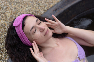 Woman Wearing Pink Headband with eye patches