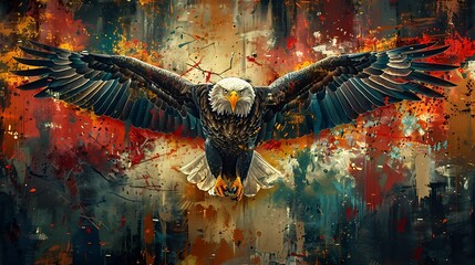 A striking image of a bald eagle with wings outstretched, overlaid on a stylized American flag with a modern, geometric design. - obrazy, fototapety, plakaty