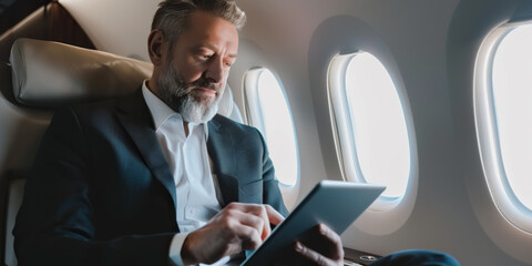 Handsome middle aged businessman in suit using tablet in plane during business trip - Powered by Adobe