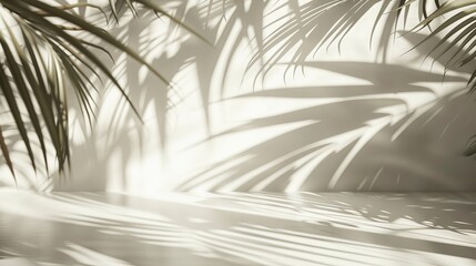 The shadow of a palm tree on a white wall. Background for products - Powered by Adobe