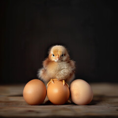 Eggs on a table. A baby chicken is sitting between the eggs