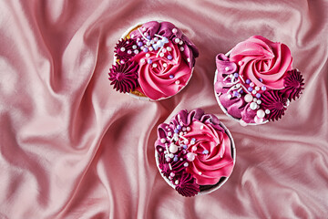 Lovely cupcakes with pink rose icing and sprinkles decoration on soft silk fabric wavy background....