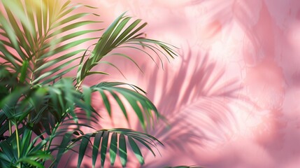 Palm leaves in the sun, Blurred shadow from palm leaves on the pink wall. Minimal abstract background for product presentation. Spring and summer
