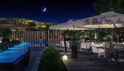 Architectural Visualization of an Exterior Restaurant with a Swimming Pool Deck and Breathtaking City Panorama under the Moon - 3D Visualization - 786114968