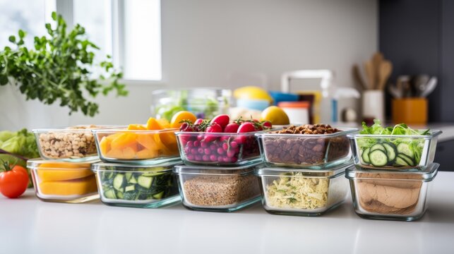 AI generated illustration of Prepped Meal Containers with Fresh Vegetables and Healthy Foods