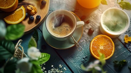 Obraz na płótnie Canvas AI generated illustration of Elegant Breakfast Spread with Coffee and Fresh Oranges