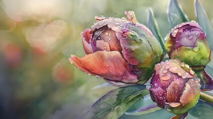 Wild peony watercolor in natural