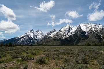 Scenic view of the snowy mountain peaks and landscape of the Teton mountain range in Wyoming