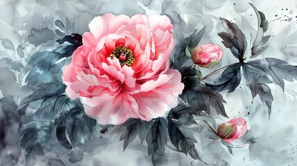 Wild peony watercolor in natural