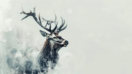 A majestic stag, antlers reaching towards the sky, against a backdrop of immaculate white, symbolizing the strength and beauty of the natural world.