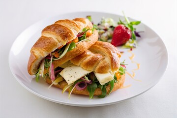 Croissant sandwich with brie cheese, salad and strawberry