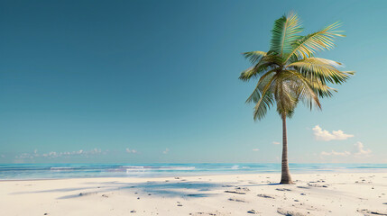 Serene tropical beach with palm trees and a clear blue sky.