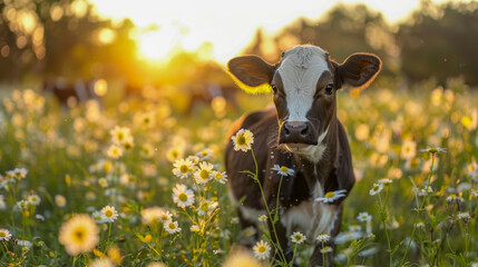 Peace and nature: sweet little cow in a blooming flower meadow