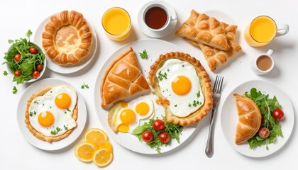 Delicious breakfast in a table with salad, fried eggs and pastry top view on a white background