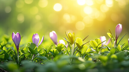 Spring flowers crocuses among the green grass in the rays of sunlight, romantic greeting card