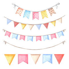 Garlands of flags and pennants Watercolor illustrations set. Cute festive elements. Template of holiday decoration. Isolated hand drawn clip art for card, wrapper, birthday, print, scrapbooking.