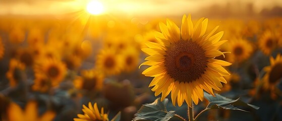 Obraz premium Golden Hour in the Sunflower Symphony. Concept Nature Photography, Golden Light, Sunflower Fields, Outdoor Portraits, Summer Aesthetics