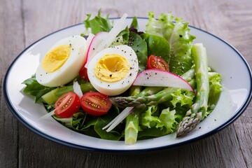 Fresh salad with lettuce, asparagus, radish and boiled eggs