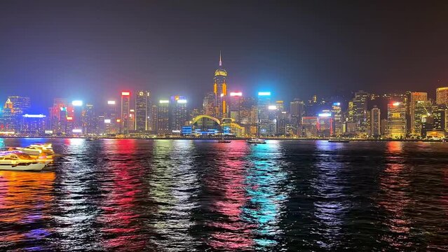 Victoria Habour, Hong Kong - Apir 14th 2024 - VDO of Bustling harbour area with waterfront scenery and popular nighttime light.