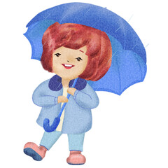 A young girl with short hair wears blue pants and a long-sleeved shirt and holds a dark blue umbrella.