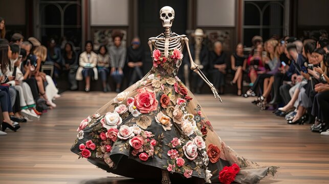 A skeleton supermodel in a floral dress walking down the runway, dark haunting face