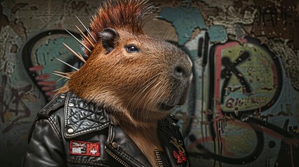Capybara with a punk look in a leather jacket and vibrant hair on a subway train, graffiti