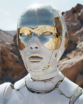 Robot en m&eacute;tal or et blanc laqu&eacute;
