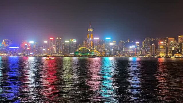 Victoria Habour, Hong Kong - Apir 14th 2024 - VDO of Bustling harbour area with waterfront scenery and popular nighttime light.