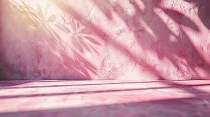 Abstract studio pink background for product presentation. Empty room with shadows of window and...