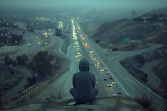 person sitting on edge of cliff with freeway in distance and light trails on hill