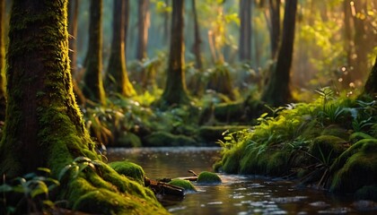 AI generated illustration of the sunlight filtering through trees onto a stream in a lush forest