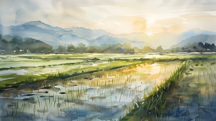 AI generated illustration of a field with crops in watercolor