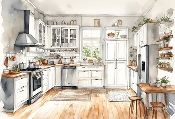 AI generated illustration of a spacious kitchen with ample storage, and chairs
