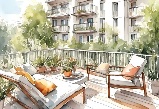 AI generated illustration of a watercolor painting of an apartment terrace view