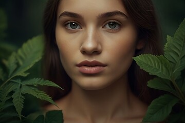 portrait of a woman who is among green leaves 