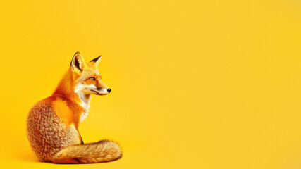 A serene red fox sits calmly, its fur glowing against a yellow backdrop, exuding tranquility and elegance