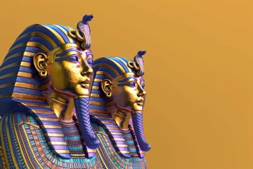 A row of statues of Egyptian pharaohs are lined up on a background - obrazy, fototapety, plakaty