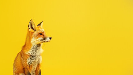 A majestic red fox stands tall, its gaze forward against a yellow field, evoking a sense of curiosity and exploration