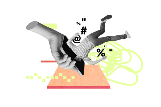 Composite photo collage caricature concept stop cyberbullying people man falling inside addiction phone display isolated on green color background
