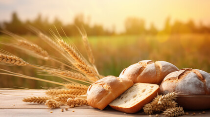 Fresh fragrant Bread and wheat on wooden table withwheat field in the background