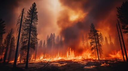 Intense flames from a massive forest fire. Flames light up the night as they rage thru pine forests and sage brushes