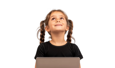 Young Girl with Laptop Looking Upwards