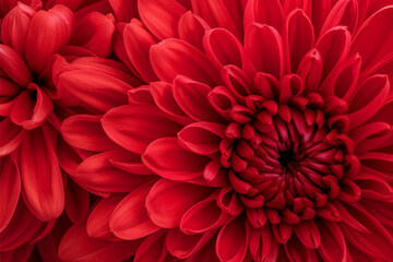 Closeup bright red chrysanthemum flowers background, macro photography wallpaper - obrazy, fototapety, plakaty