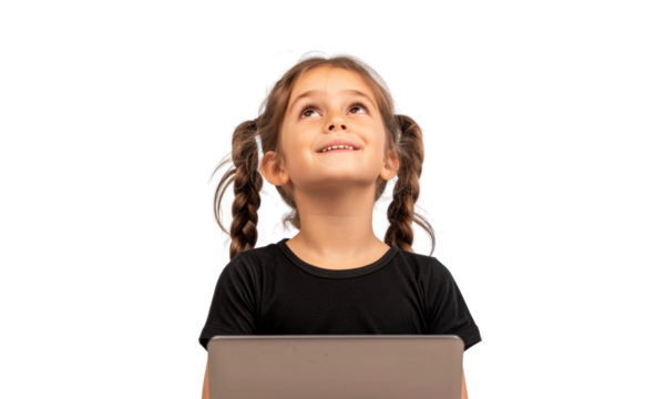 Young Girl with Laptop Looking Upwards